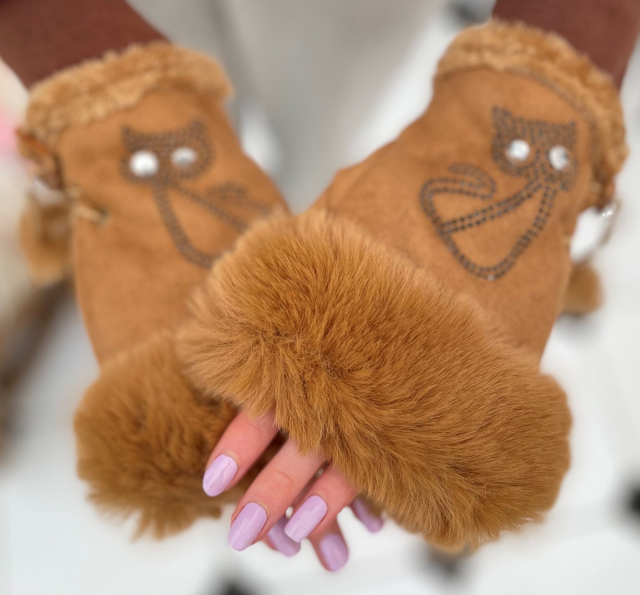 Faux Suede Fingerless Mittens, Camel