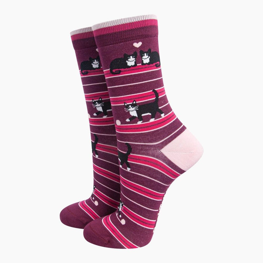 A pair of crew socks with a pattern of black and white cats on a dark purple background with pink and white horizontal stripes
