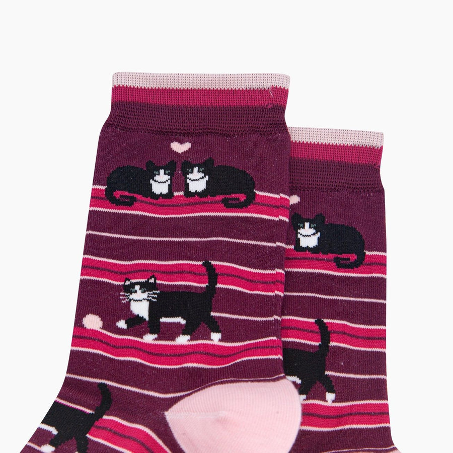 A pair of crew socks featuring a pattern of black and white cats on a berry red and pink striped background
