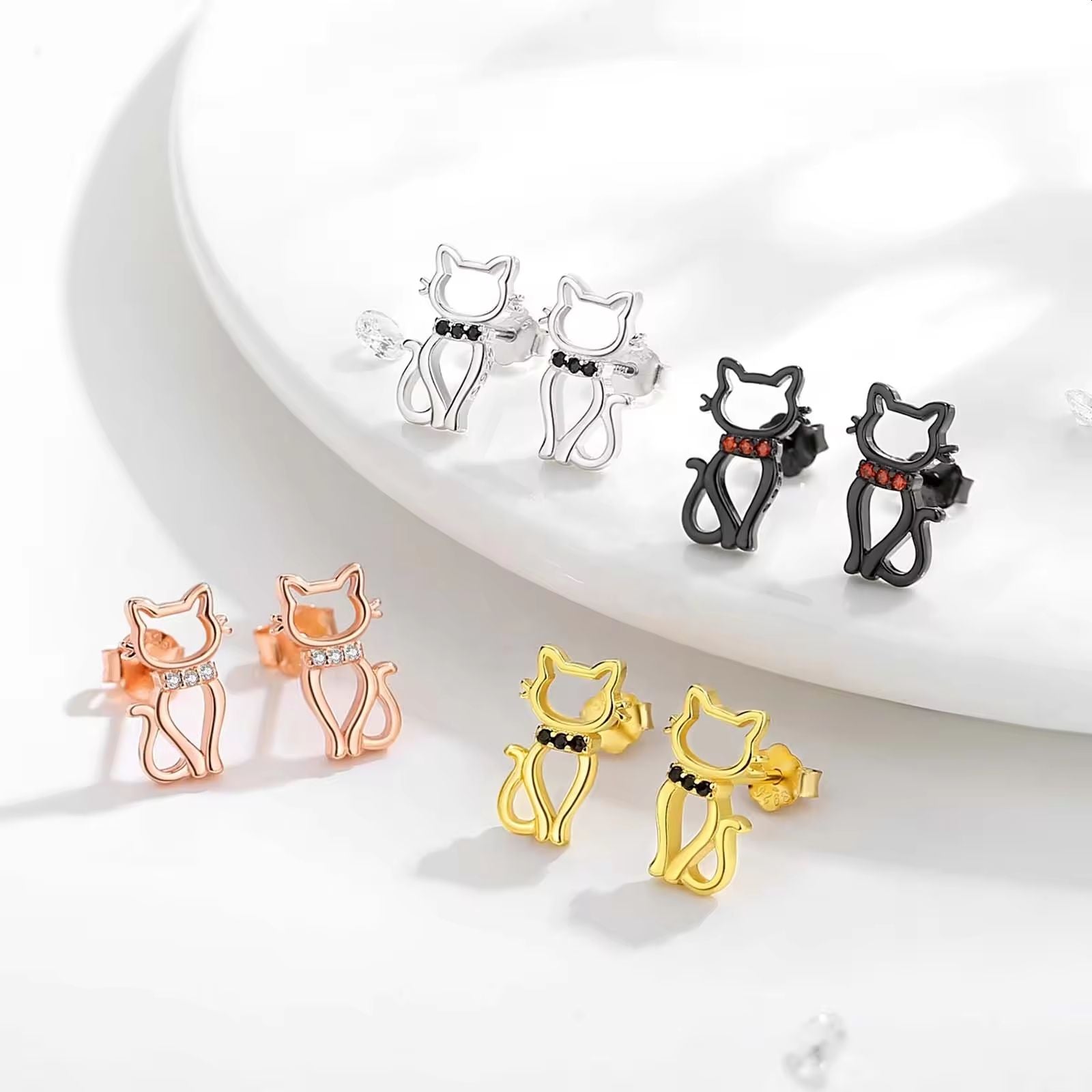 Cat with Collar Silver Ear Studs