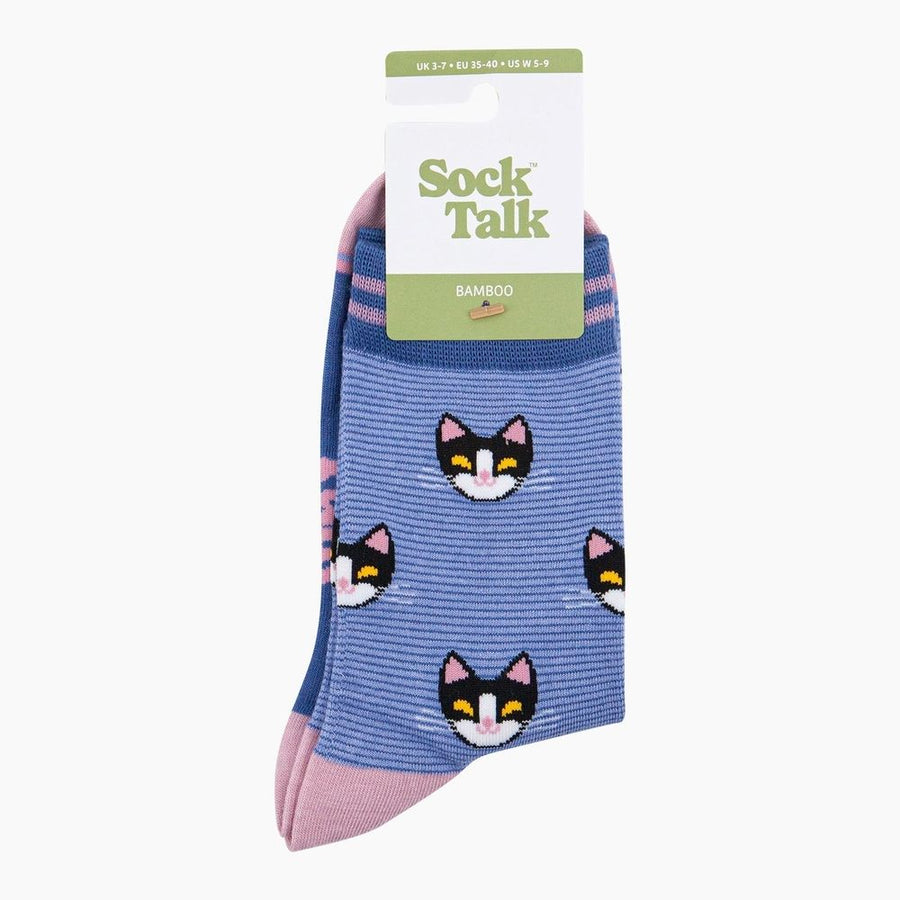 A pair of Bamboo crew socks featuring a blue and purple striped pattern with embroidered black, white, and pink cat faces