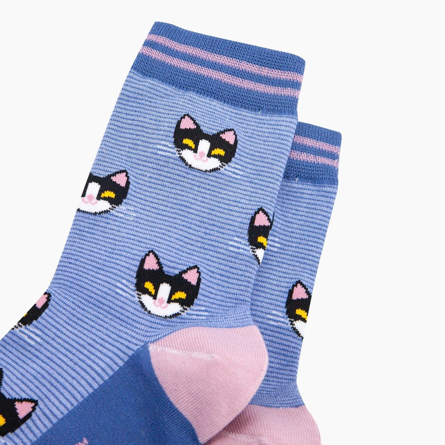 Blue socks with cat face designs on a white background