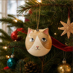 A round cat-face Christmas ornament hanging from a pine tree branch, surrounded by other holiday decorations including a woven star, red ribbon, and colourful ornaments.