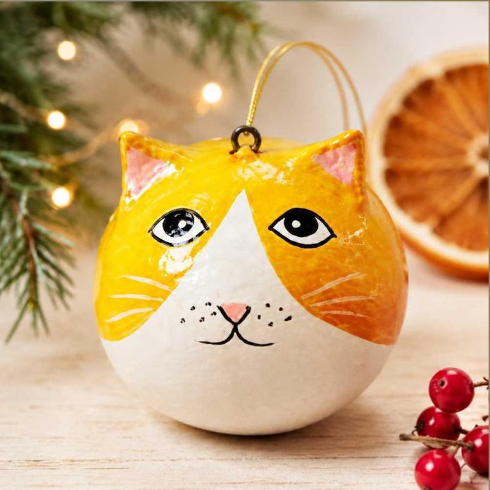 Cat Face Papier Mache Decoration, Orange