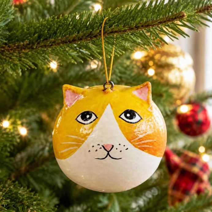 A round Christmas ornament shaped like a cat's face hangs from a green Christmas tree branch. The ornament is yellow and white with black eyes and a small pink nose