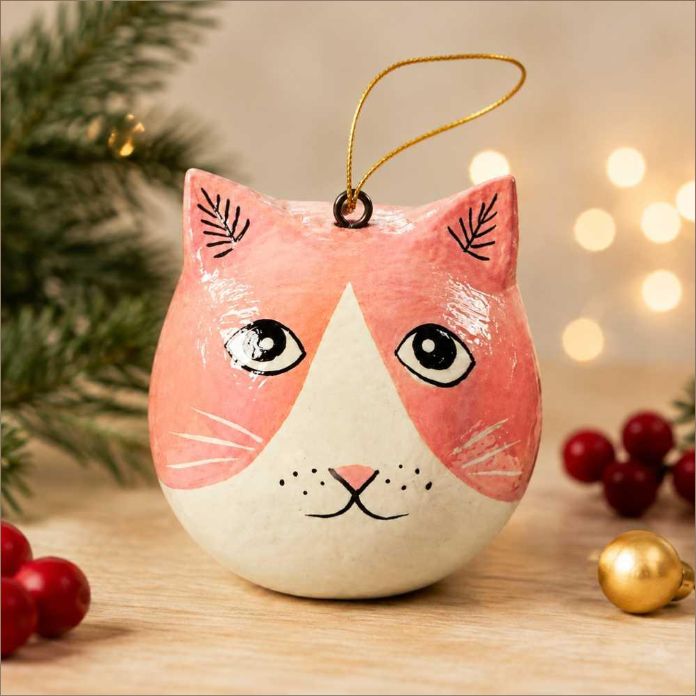 A round cat-face Christmas ornament with pink and cream coloring, a gold hanging loop, and hand-painted facial details