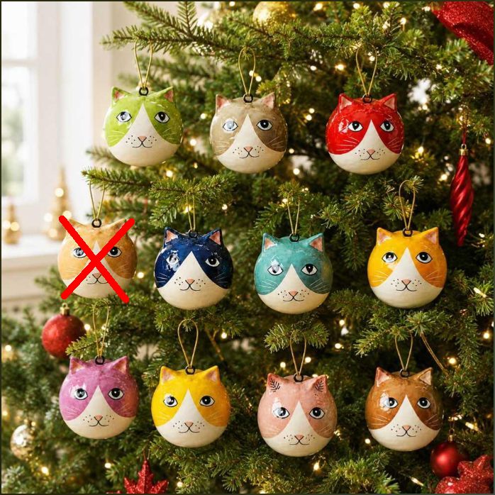 Ten colourful cat-shaped Christmas ornaments hanging on a decorated Christmas tree. The ornaments feature cat face designs in green, beige, red, orange, black, blue, purple, yellow, pink, and brown.