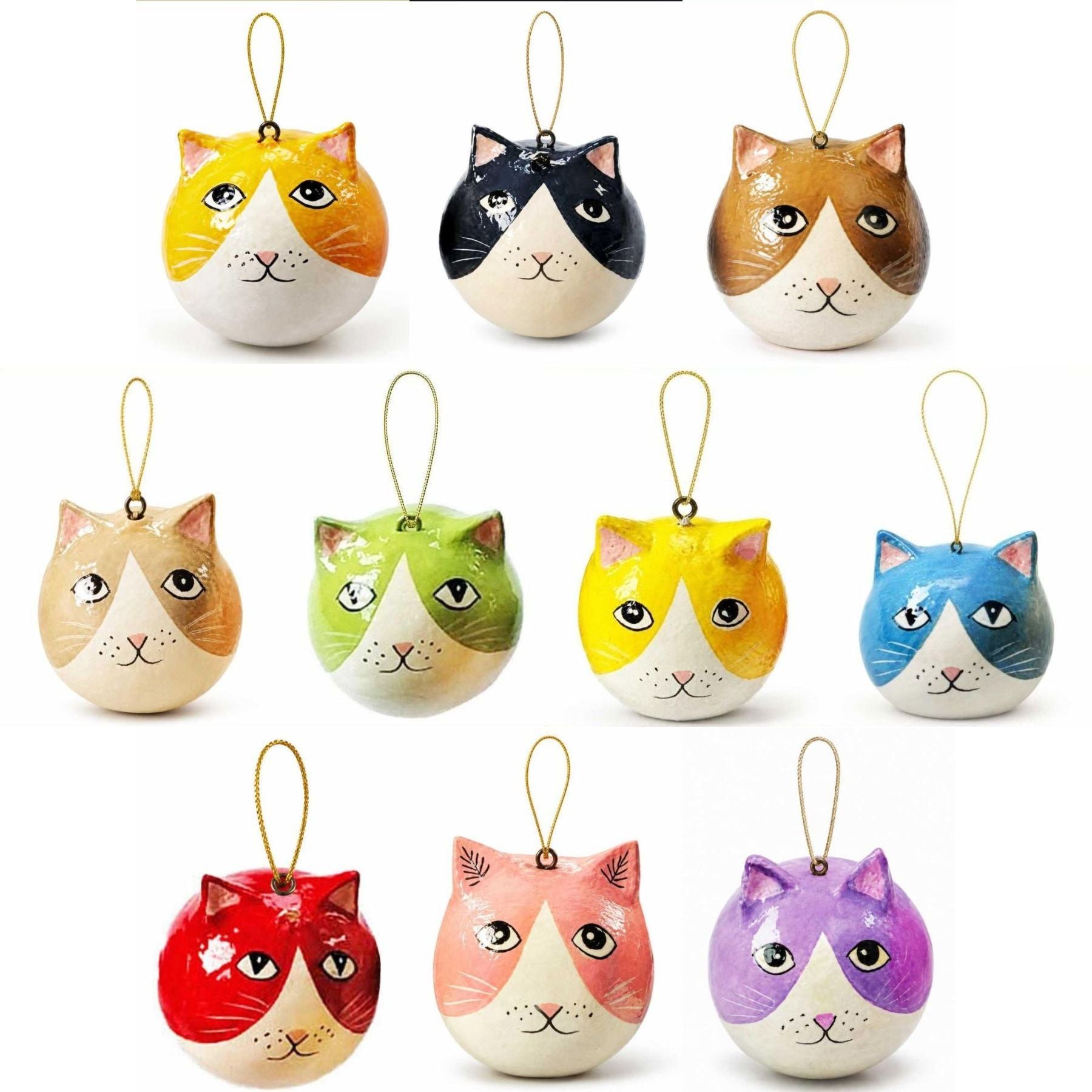 Cat Face Papier Mache Decoration, Set of 10