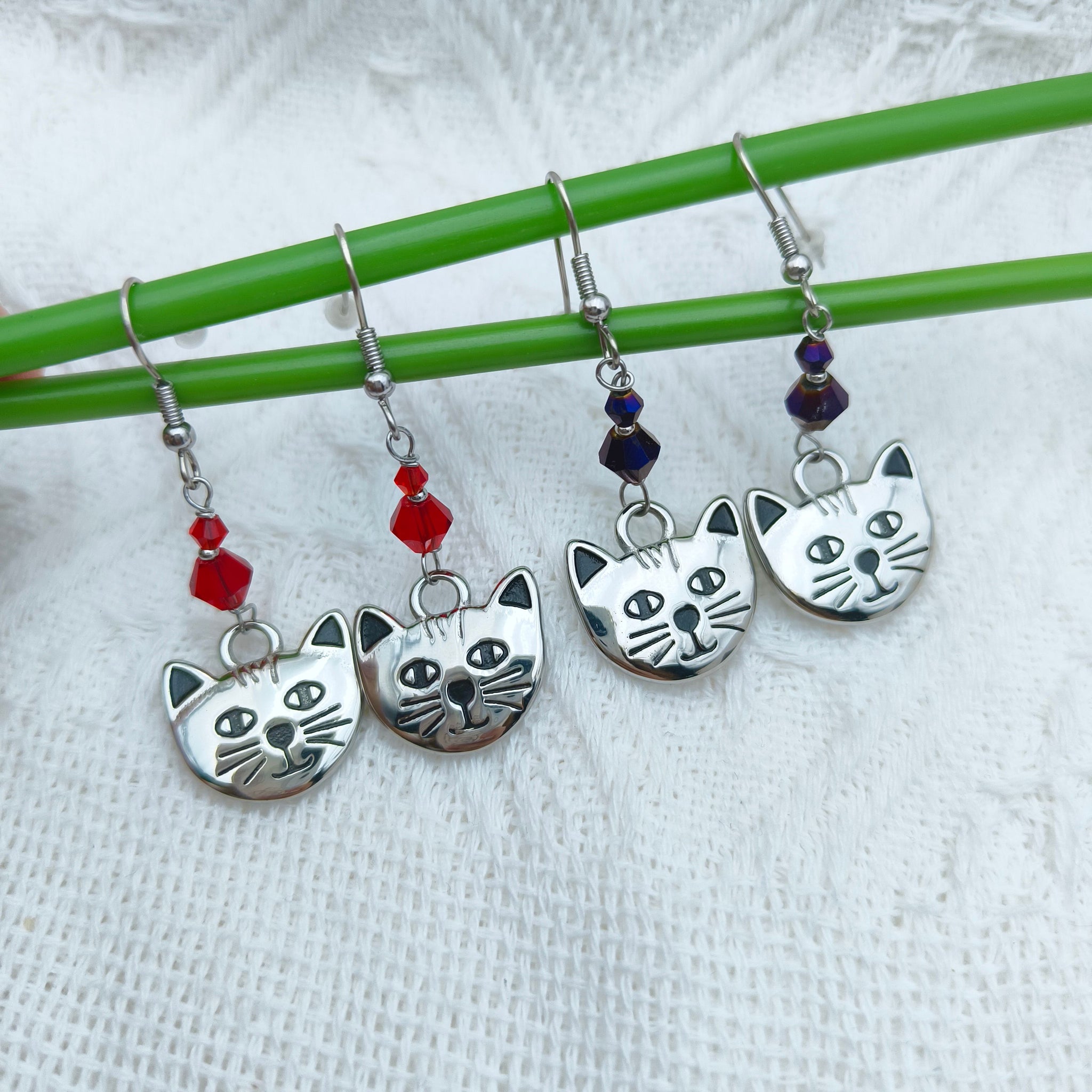 Cat Face purple beaded drop earrings