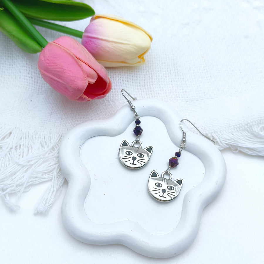 Cat Face purple beaded drop earrings