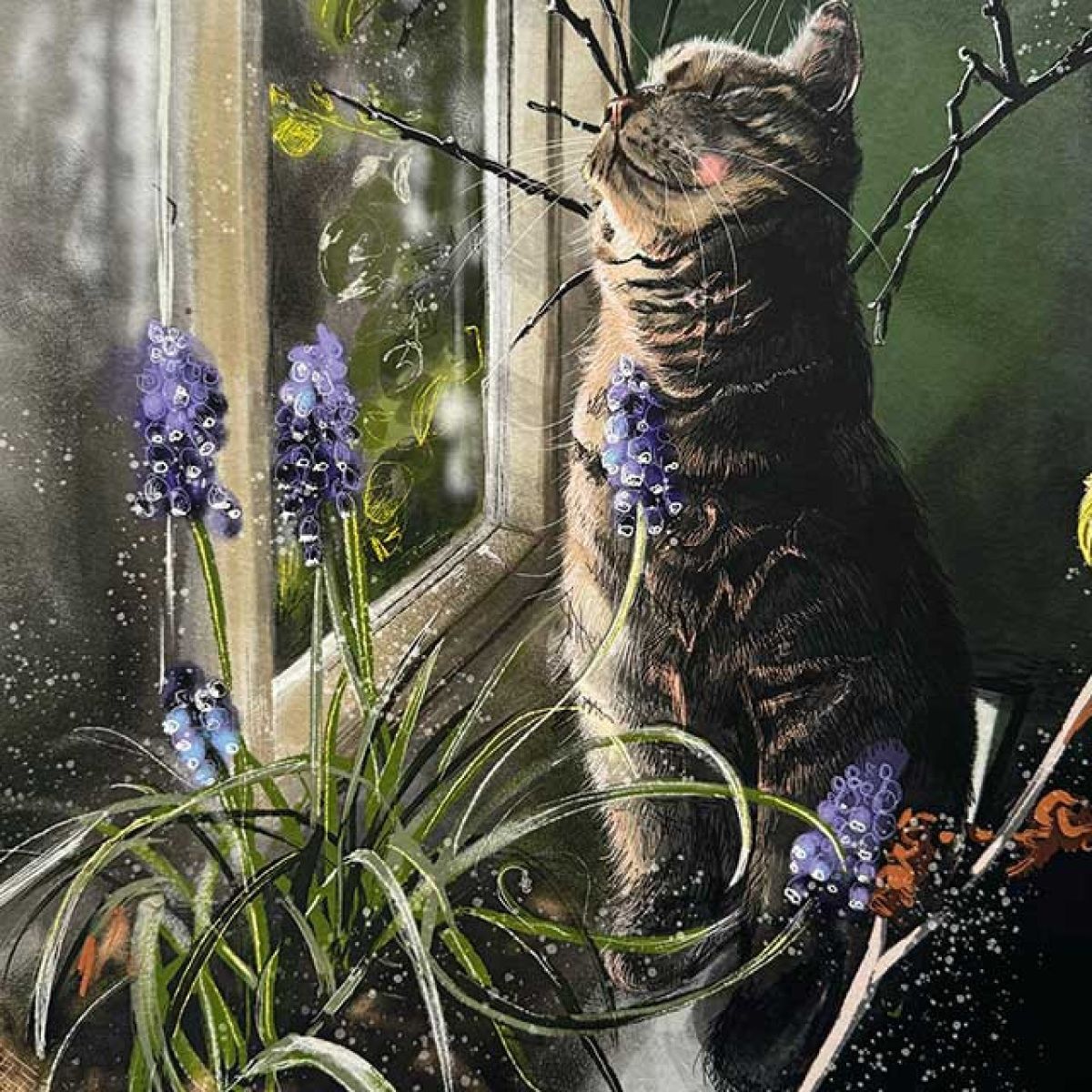 Cat and Muscari Card, by Alex Clark