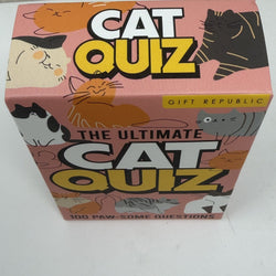 The Ultimate Cat Quiz gift box by Gift Republic, featuring a pink background decorated with various cartoon cat illustrations