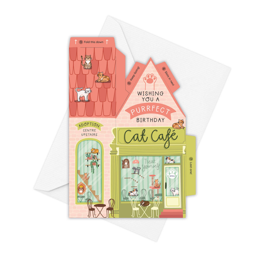 Cat-themed birthday card with a cat cafe illustration on a white background