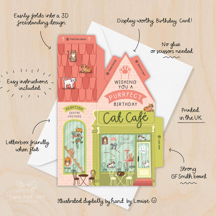Cat-themed birthday card with 'Purrfect Birthday' design on a wooden surface