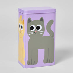Rectangular tin with cartoon cat design on a light grey background