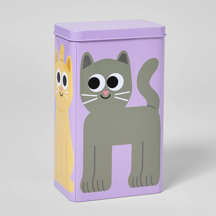 Rectangular tin with cartoon cat design on a light grey background