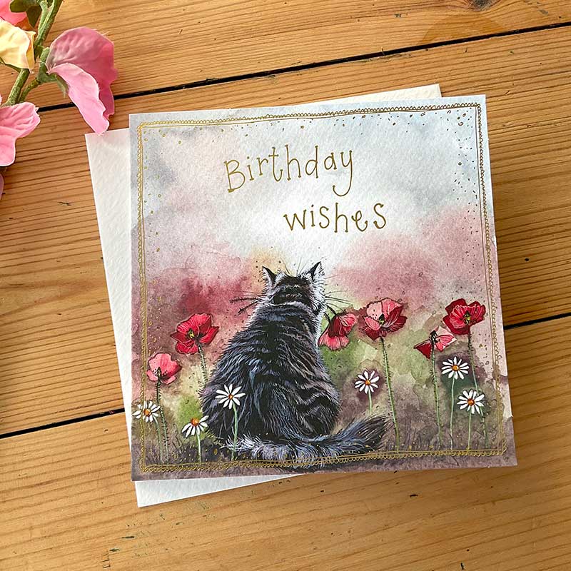 Cat & Poppies Birthday  Card by Alex Clark
