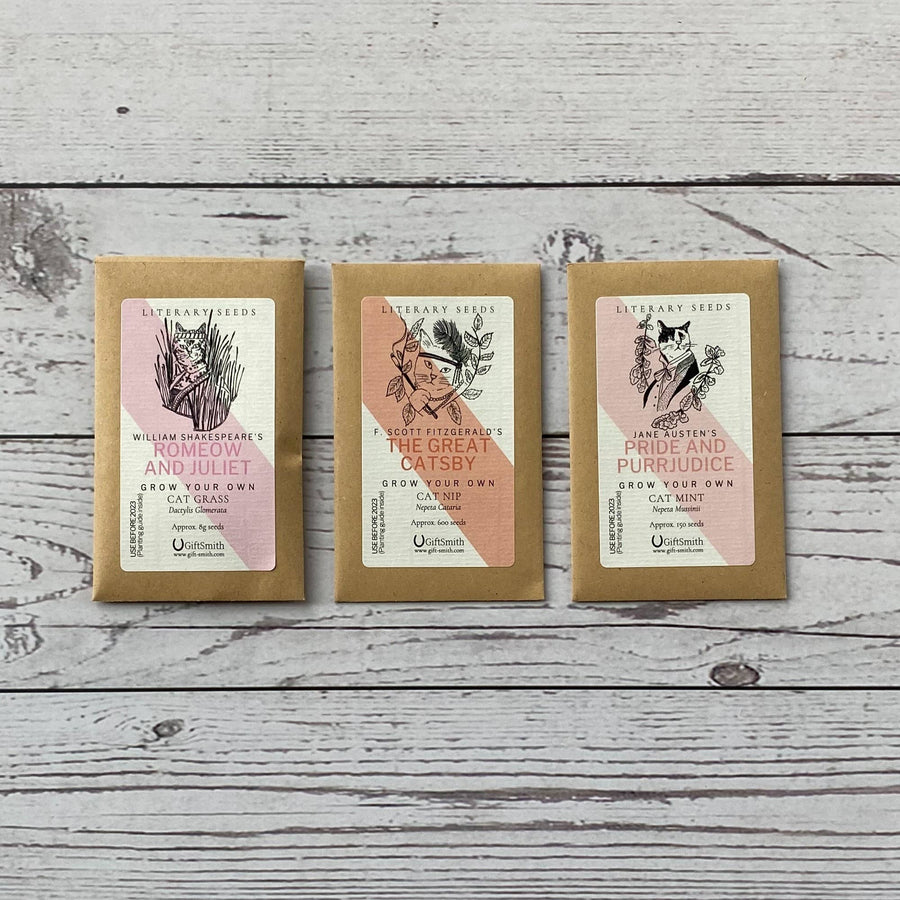 Three illustrated seed packets for literary-themed cat grass, cat mint and cat nip