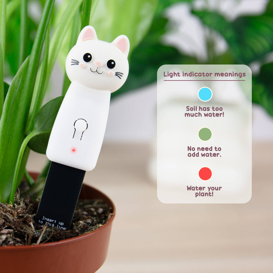 Cat-shaped plant water indicator with light indicator meanings card in a pot