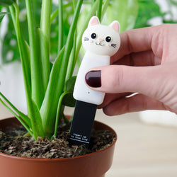 Hand holding a cat-shaped water indicator next to a potted plant