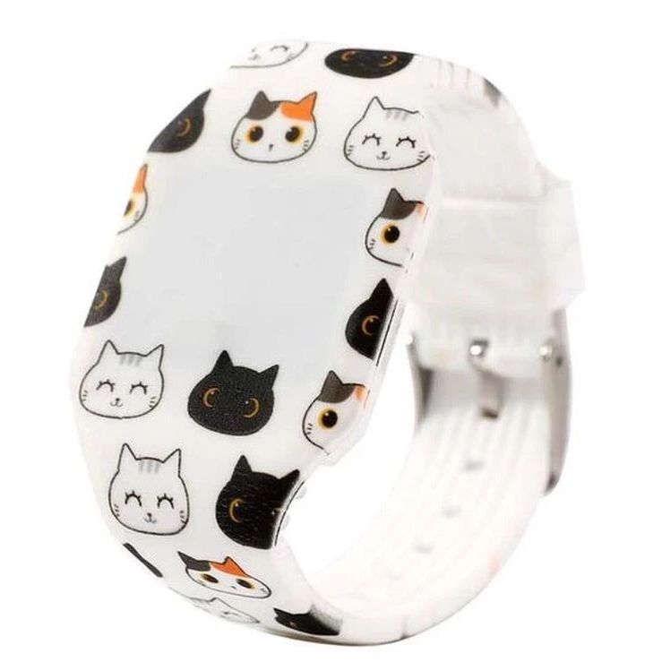 A white silicone watch band featuring a playful pattern of cartoon cat faces in black, white, and orange