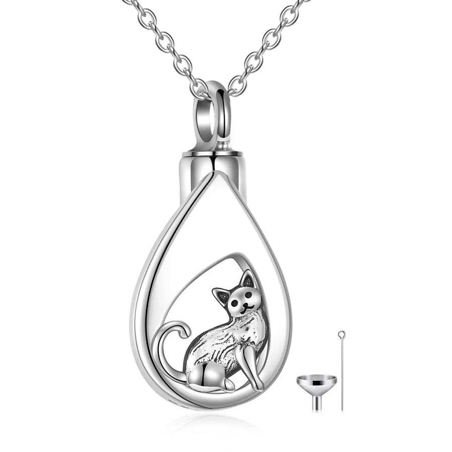 A sterling silver urn pendant necklace with a cat design, silver chain, with a funnel