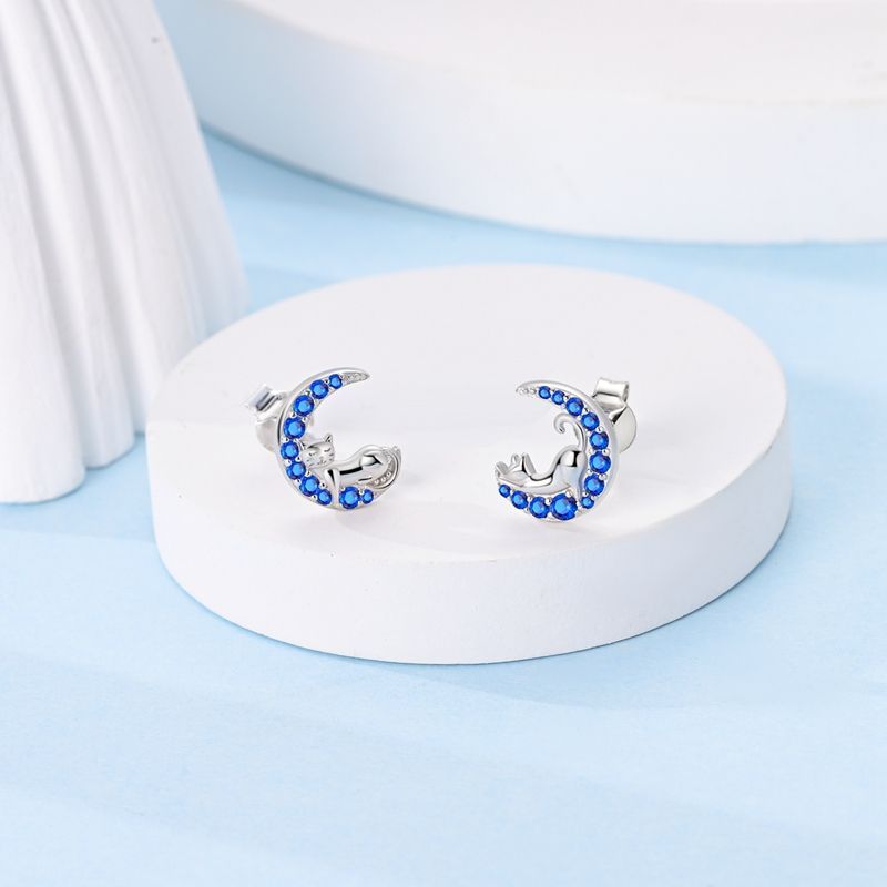 Silver Cat on Blue Moon Earrings