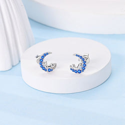 Silver earrings with blue stones and a silver cat on a white stand against a light blue background