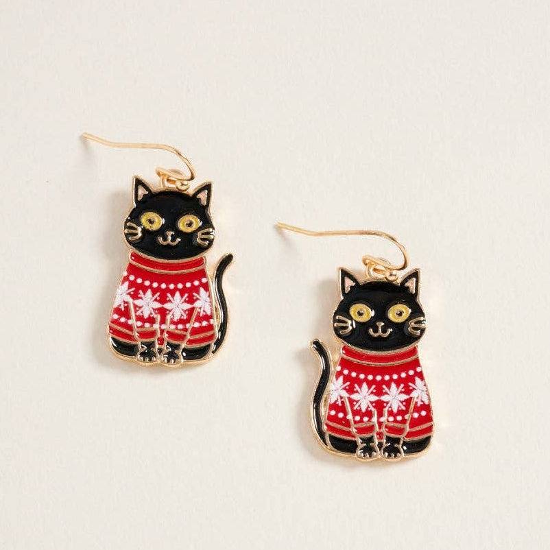 Cat-shaped earrings with red sweater design on a light grey background