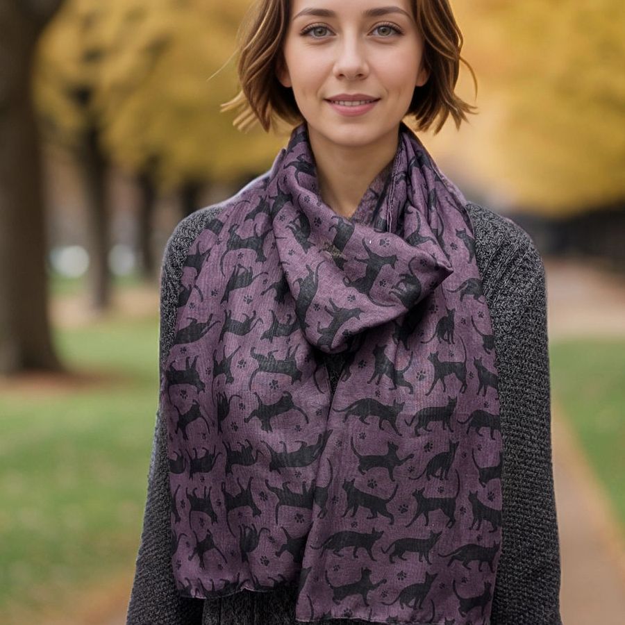 Cat and Paw Purple Scarf