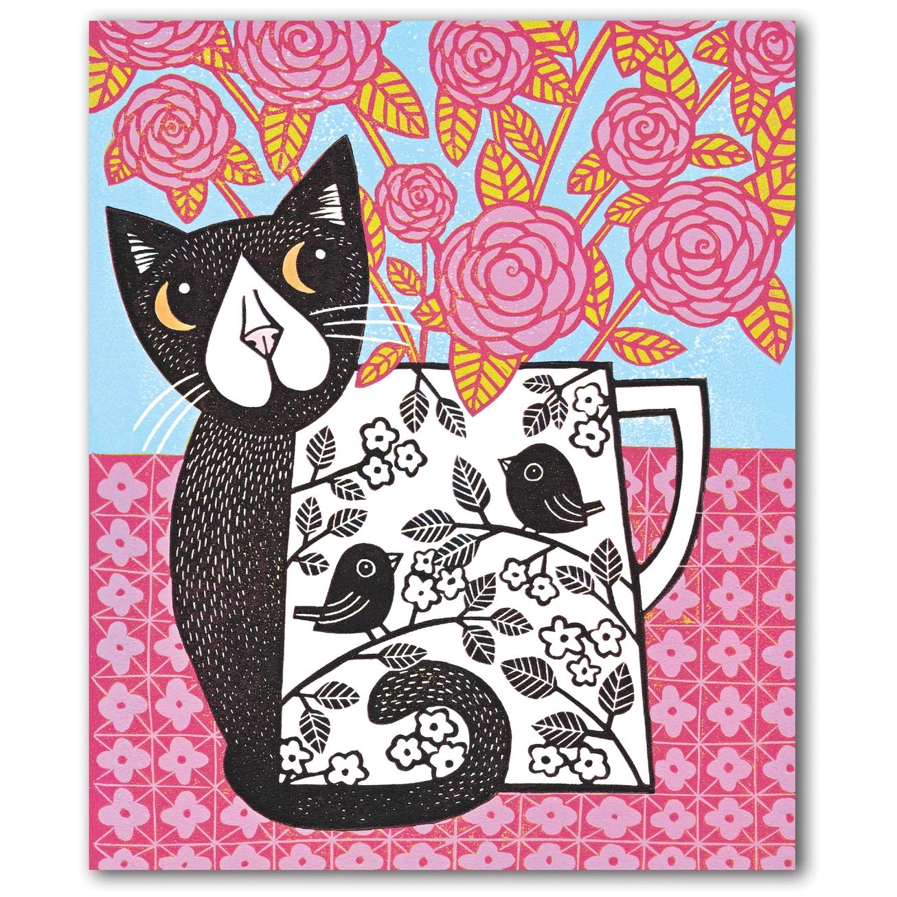 Cat and Roses Linocut Card