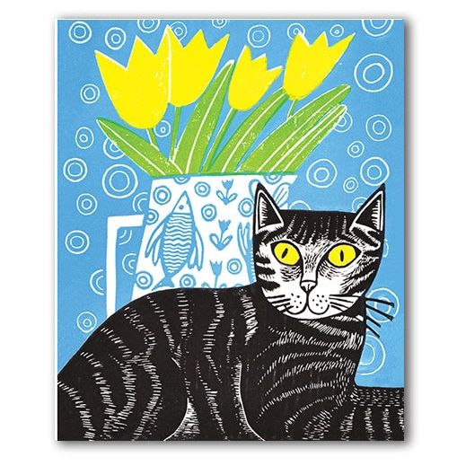 Cat and Tulips Linocut Card