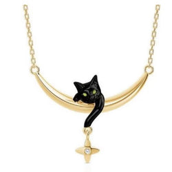 Gold necklace with a black cat pendant on a white background