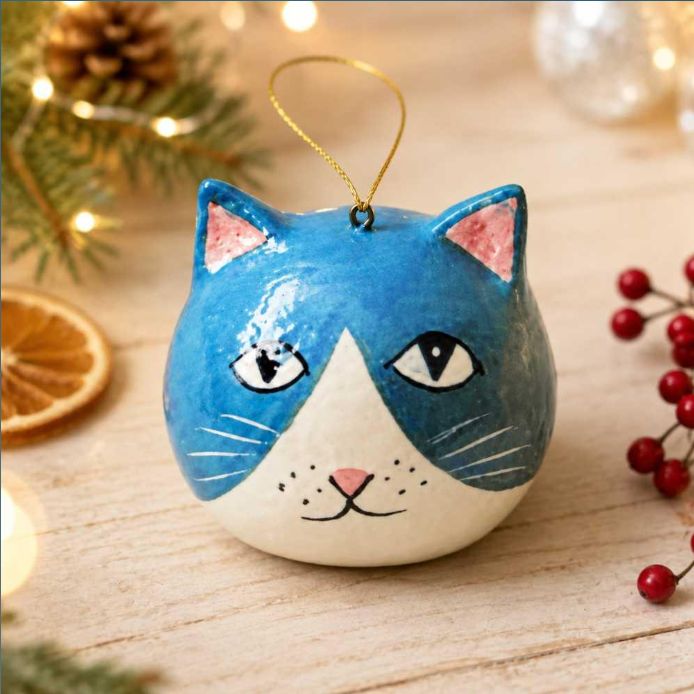 Cat Face Papier Mache Decoration, Blue