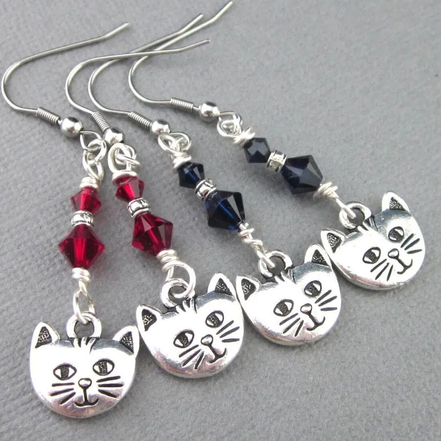 Cat Face red beaded drop earrings
