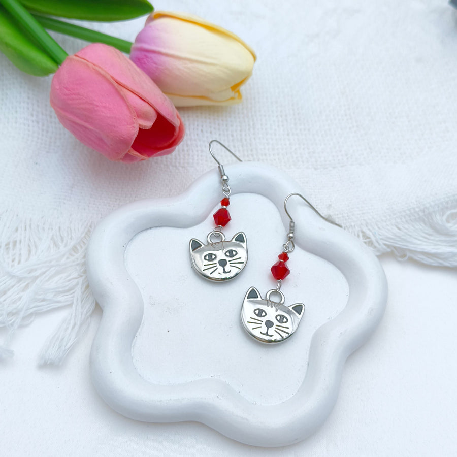 Cat Face red beaded drop earrings
