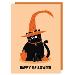 Curly Hat Witch Cat Halloween Card