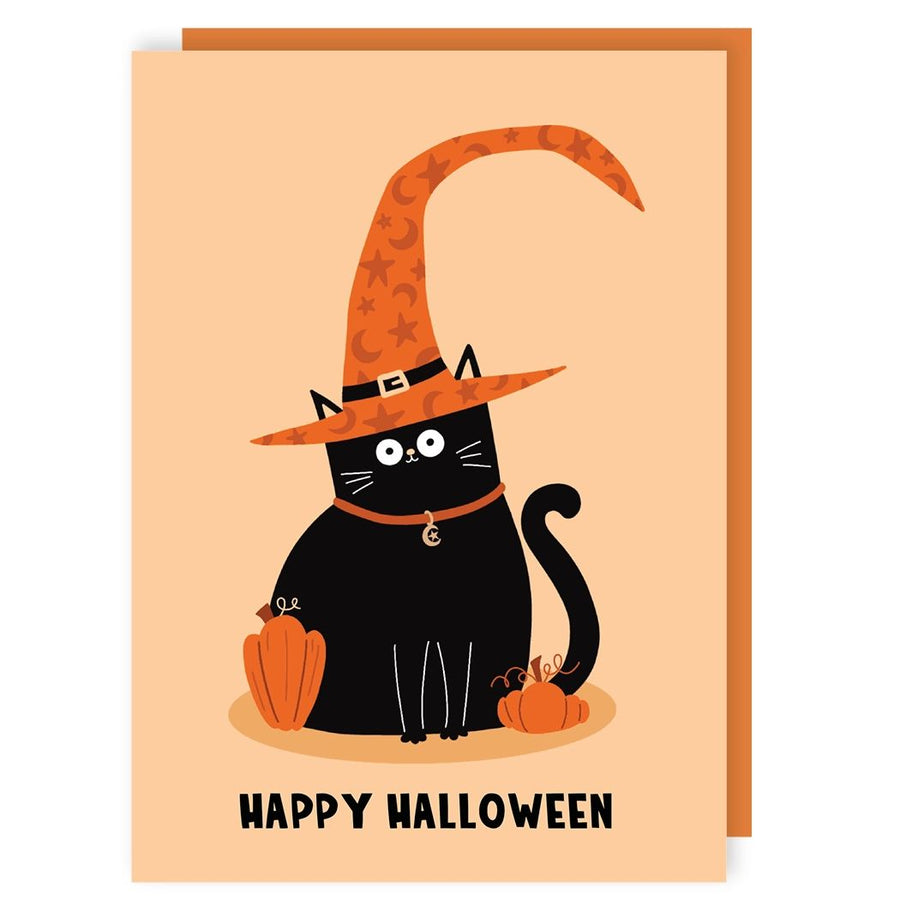 Curly Hat Witch Cat Halloween Card