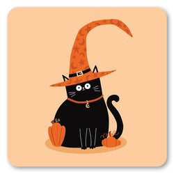 Curly Hat Witch Cat Halloween Coaster