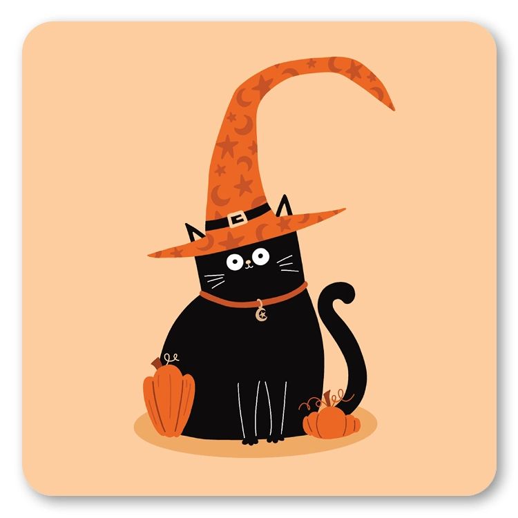 Curly Hat Witch Cat Halloween Coaster