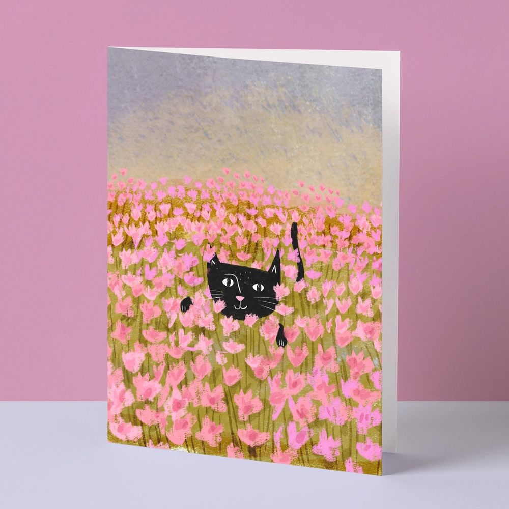Cat in a Tulip Field Greetings Card