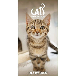 Cat protection 2027 diary front cover with a tabby kitten on a white background