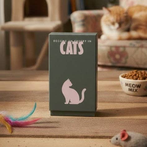 Small Box Illustrated with a pink cat and words Become and Expert in Cats