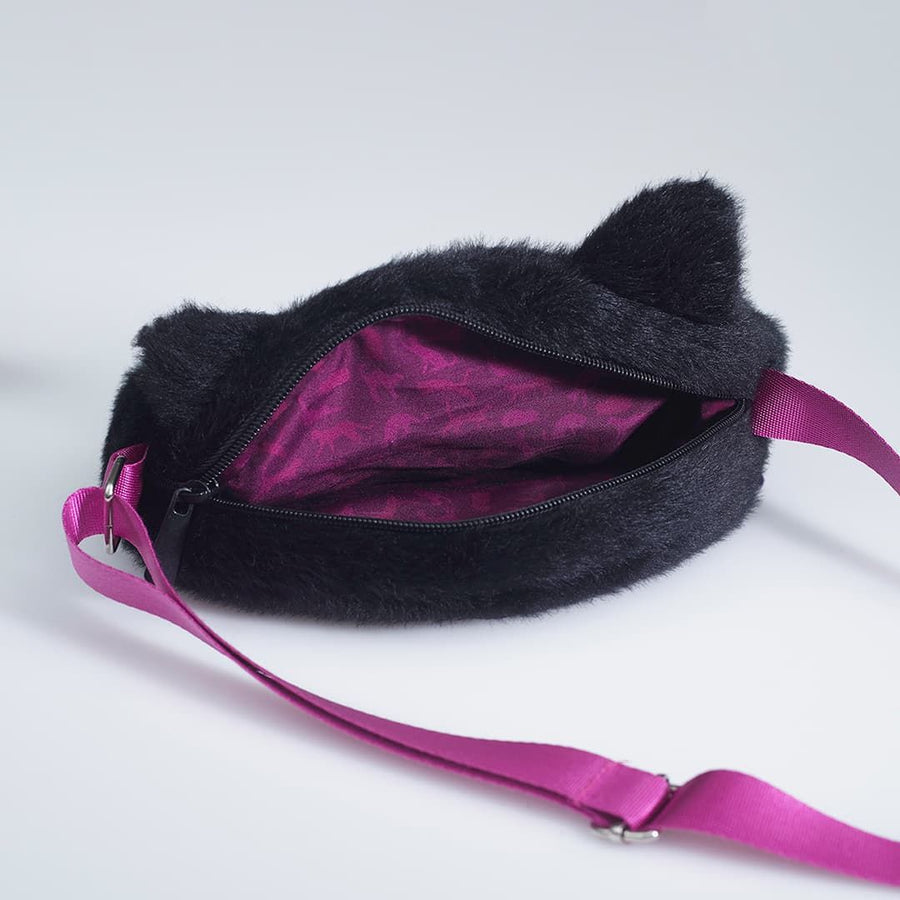 Black faux fur bag with cat ears, an open zipper revealing a magenta interior, and a matching magenta shoulder strap