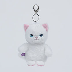 A white plush kitten keychain with pink inner ears, blue embroidered eyes, and a silver metal clasp