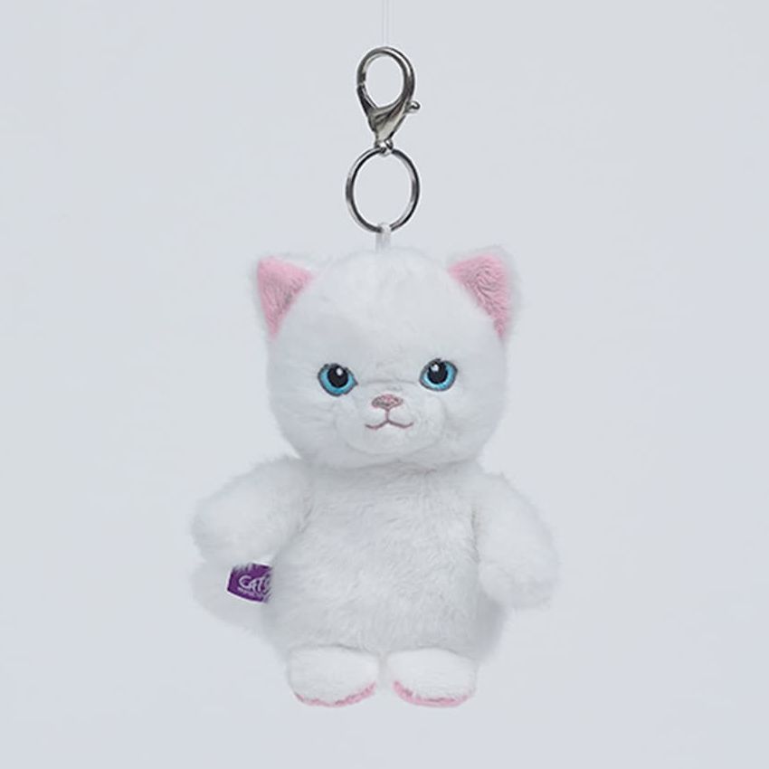 A white plush kitten keychain with pink inner ears, blue embroidered eyes, and a silver metal clasp