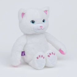 A white plush cat toy with pink inner ears, pink paw pads, and a pink stitched smile