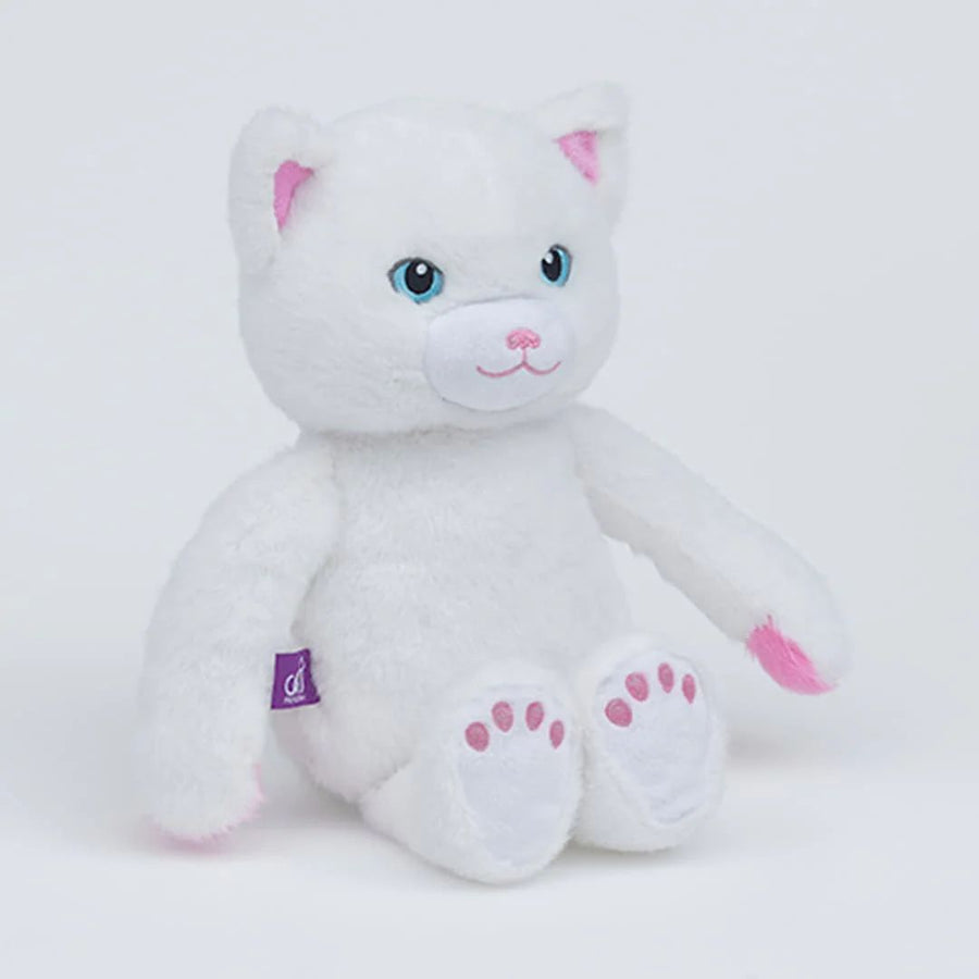 A white plush cat toy with pink inner ears, pink paw pads, and a pink stitched smile