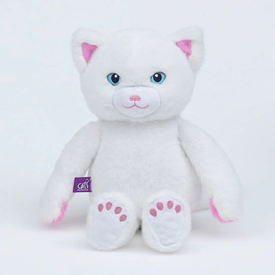 A white plush cat toy with pink inner ears, pink paw pads, and blue embroidered eyes. A Cats Protection purple tag is attached