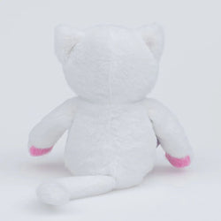 A white plush cat toy shown from the back, featuring soft white fur, small pointed ears, and pink accents on its paws
